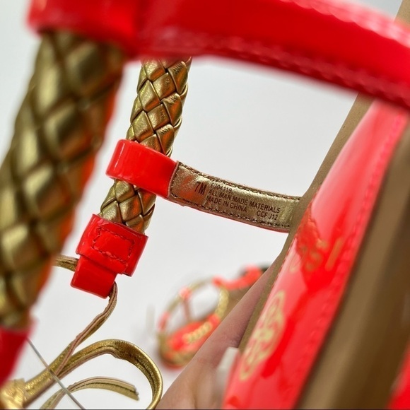 NEW Isolá Bright Neon Coral Cleopatra Gold Braided Tie Back Thong Sandals - Picture 11 of 14